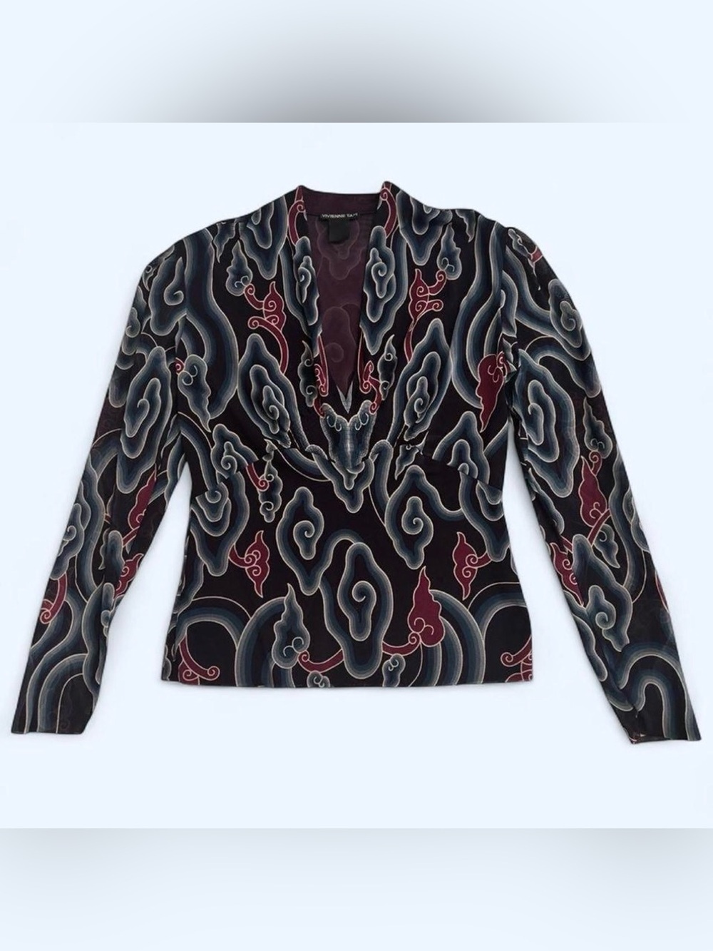 Vivienne Tam XS Vintage Y2K Mesh Sheer Abstract Print Stretch Long Sleeve Blouse - Picture 1 of 7